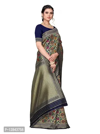 Shiv Textiles Women Banarasi Floral Zari Woven Design Silk Blend Saree with Un-Stitched Blouse Piece Heavy Pallu Sari For Home Festival Wedding Party and Daily House Wear - Navy Blue-thumb3