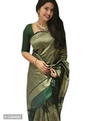 Shiv Textiles Banarasi Silk Saree Women With Unstitch Blouse.(ST-AN-102-GREEN)-thumb0