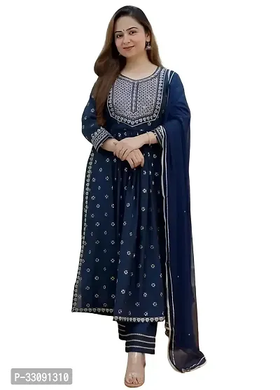 Womens Nayra Cut Casual Embroidery Worked Art Silk Blend Kurta Pant With Dupatta Set-thumb0