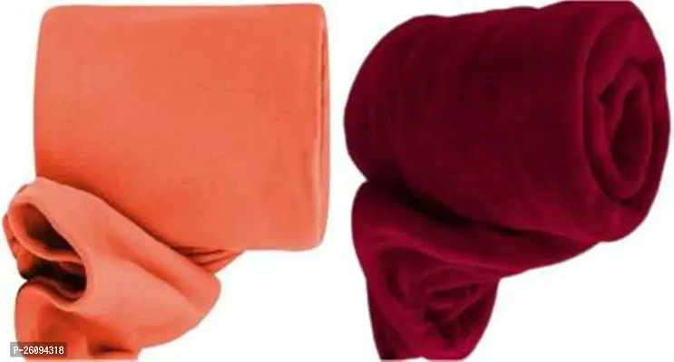 Pack of 2  Solid Double Bed Fleece Blanket(Orange::Red)-thumb0