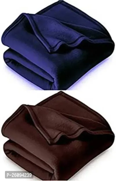 Solid Double Bed Fleece Blanket Pack of 2 (Blue::Brown)-thumb0