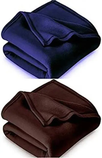 Solid Double Bed Fleece Blanket Pack of 2 (Blue::Brown)