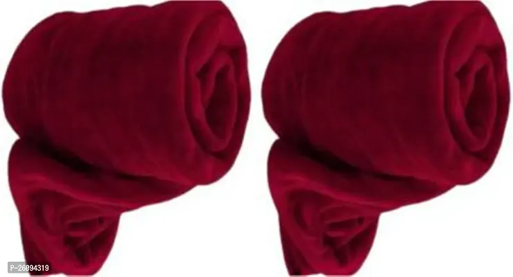 Pack of 2  Solid Double Bed Fleece Blanket(Red)-thumb0