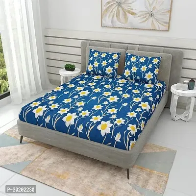 Satin Printed Elastic Fitted Double Bed Sheet with 2 Pillow Cover