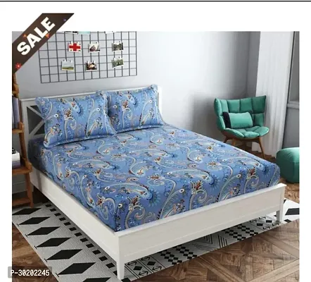 Satin Printed Elastic Fitted Double Bed Sheet with 2 Pillow Cover-thumb0