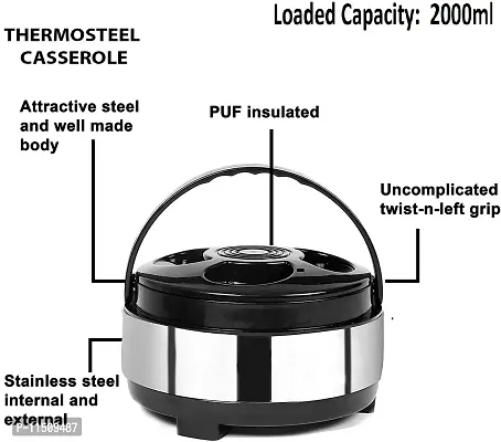 Universal Hub Steel 2 Litre Hotpot Casserole (Double Wall Insulated 2000 ML Stainless Steel for hot Meal, chapati, Curry, roti/Warm Food Serving) with lid  Handle-thumb4