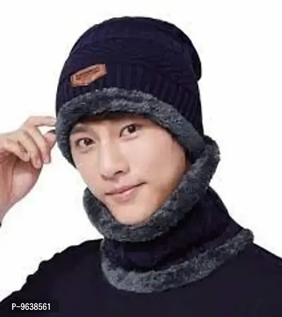 Combo of  winter woolen beanie skull cap with neck warmer muffler for men women girls boys-thumb0