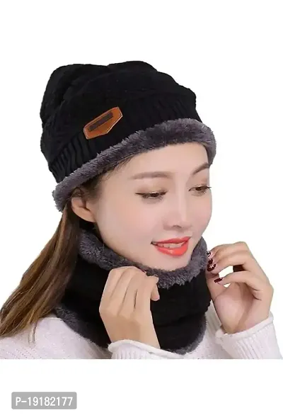 Winter Woolen Cap Hat Woolen Neck Warmer Scarf Set for Men  Women Velvet Neck Scarf-thumb0