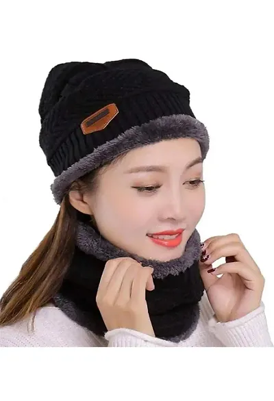 Winter Woolen Cap Hat Woolen Neck Warmer Scarf Set for Men  Women Velvet Neck Scarf