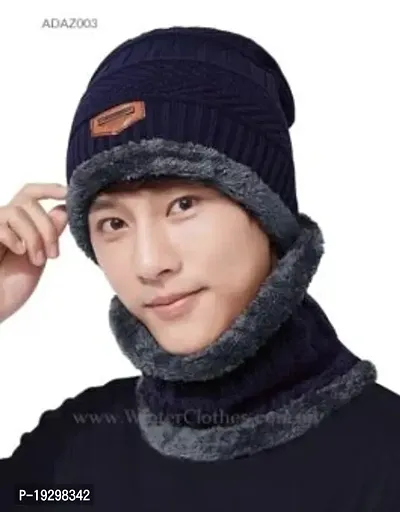New Stylish Winter Benie Cap With Scarf Set Warm Knitted Thick Fleece Lined Winter Cap Scarf-thumb0