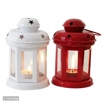Hanging Lantern Decorative Tea Light Holder Home Decor White And Red Color Iron Lamp With Candle Tealights And Festive Decor 10X10X14 Cm, Set Of 2