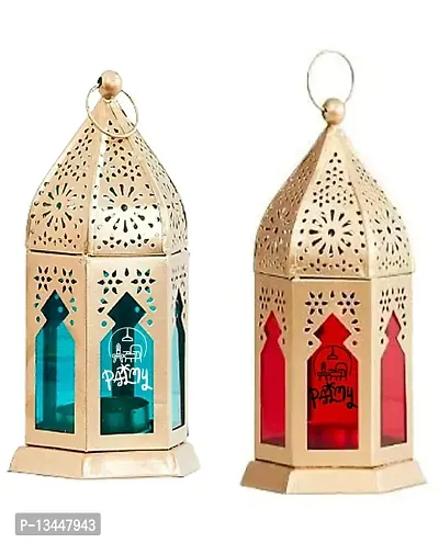 Moroccan Gala Gold Glass Blue ,Red Iron Hanging/Table Lantern/Lamp (Size 17 Cm X 10 Cm, Pack Of 2)