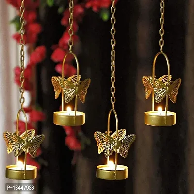 Butterfly Hanging Tealight Candle Holder For Home Decor, Indoor And Outdoor Decoration, Diwali Gifting Item (Set Of 4, Gold)