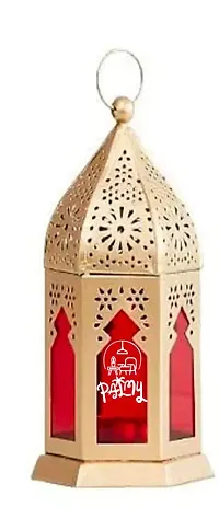 Moroccan Gala Gold Glass Blue ,Red Iron Hanging/Table Lantern/Lamp (Size 17 Cm X 10 Cm, Pack Of 2)-thumb1