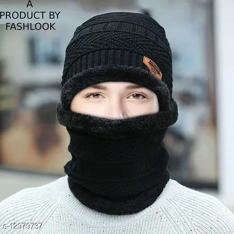 TIXY Ultra Soft Woolen Beanie Caps Plus Neck Scarf Set for Men in 5 Colors