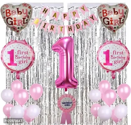 Girl First Birthday Decorations Combo Of Balloons, Curtains, Bday Girl Badge-thumb0