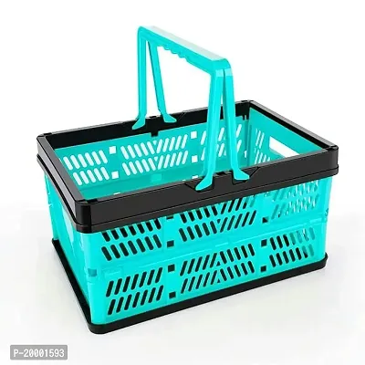FLYFAR Plastic Shopping Basket, Folding Storage Crate, Stackable Grocery Bin Container with Handle (Pack of 1 With Multicolour)-thumb0