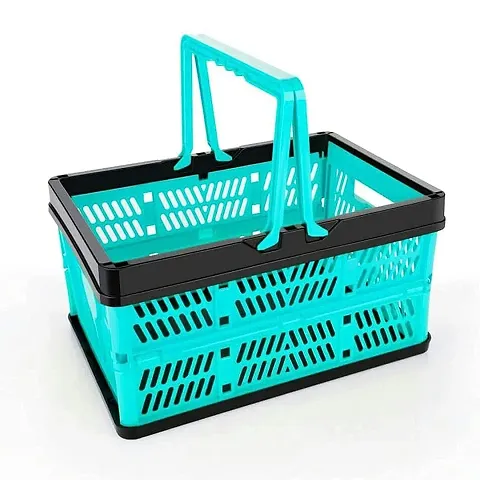 FLYFAR Plastic Shopping Basket, Folding Storage Crate, Stackable Grocery Bin Container with Handle (Pack of 1 With Multicolour)