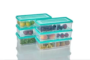 FLYFAR 2 Partition Fridge Storage Boxes Fridge Organizer with Removable Drain Plate and Lid Stackable Freezer Storage Containers for Fish, Meat, Fruits, Vegetables -Green(2000ML, Pack of 2)-thumb1