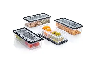 FLYFAR 4 Fridge Storage Boxes 2 Partition Fridge Organizer with Removable Drain Plate and Lid Stackable Fridge Containers Storage Containers for Fish, Meat, Vegetables, Fruits(Black, 2000ML)-thumb1