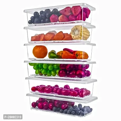 FLYFAR 6 Fridge Storage Boxes Fridge Organizer with Removable Drain Plate and Lid Stackable Fridge Storage Containers Plastic Freezer Storage Containers for Fish, Meat, Vegetables,(1500ML)