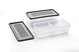 FLYFAR 4 Fridge Storage Boxes 2 Partition Fridge Organizer with Removable Drain Plate and Lid Stackable Fridge Containers Storage Containers for Fish, Meat, Vegetables, Fruits(Black, 2000ML)-thumb2