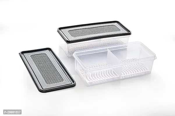 FLYFAR 2 Partition Fridge Storage Boxes Fridge Organizer with Removable Drain Plate and Lid Stackable Freezer Storage Containers for Fish, Meat, Fruits, Vegetables -Black(2000ML, Pack of 2)-thumb4