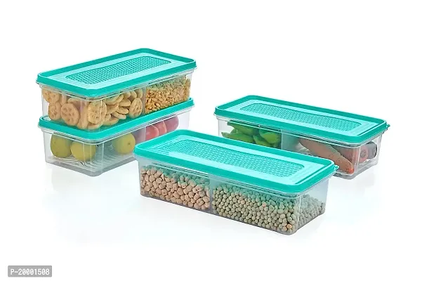 FLYFAR 2pcs - Fridge Storage Boxes 2 Partition Fridge Organizer with Removable Drain Plate and Lid Stackable Fridge Containers Storage Containers for Fish, Meat, Vegetables, (Green, 2000ML)-thumb2