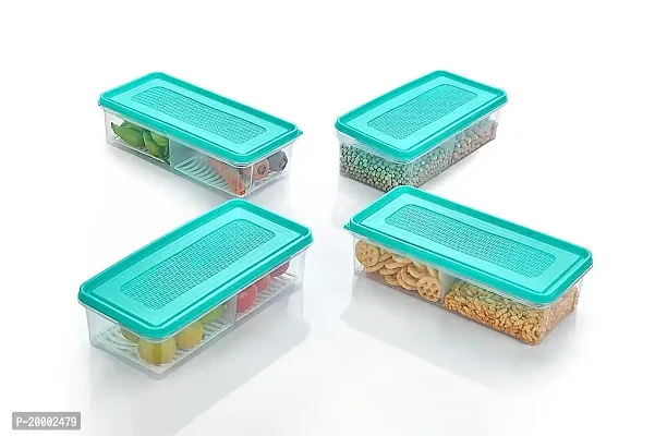 FLYFAR 2 - Partition Fridge Organizer Case With Removable Drain Plate Stackable Fridge Storage Containers Keep Fresh For Storing Fish, Meat, Vegetables -Green(2000ML, Pack of 4)