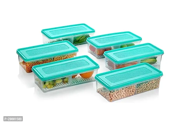 FLYFAR 2pcs - Fridge Storage Boxes 2 Partition Fridge Organizer with Removable Drain Plate and Lid Stackable Fridge Containers Storage Containers for Fish, Meat, Vegetables, (Green, 2000ML)-thumb5