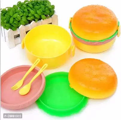 FLYFAR Burger Shape Lunch Box for Kids - School Tiffin Box for Boys  Girls, Leak Proof Plastic Snacks Lunch Box with 3 Layer (Round)