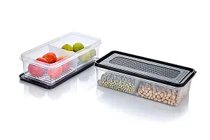 FLYFAR 4 Fridge Storage Boxes 2 Partition Fridge Organizer with Removable Drain Plate and Lid Stackable Fridge Containers Storage Containers for Fish, Meat, Vegetables, Fruits(Black, 2000ML)-thumb3