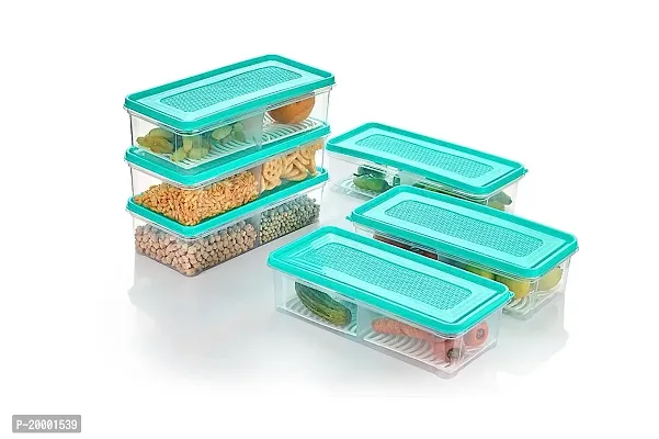 FLYFAR 2 Partition Fridge Storage Boxes Fridge Organizer with Removable Drain Plate and Lid Stackable Freezer Storage Containers for Fish, Meat, Fruits, Vegetables -Green(2000ML, Pack of 2)-thumb4
