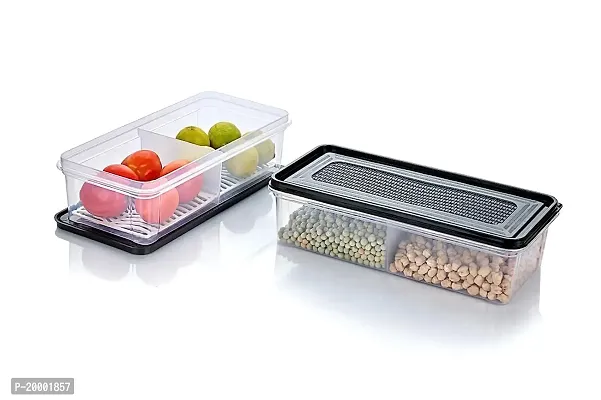 FLYFAR 2 Partition Fridge Storage Boxes Fridge Organizer with Removable Drain Plate and Lid Stackable Freezer Storage Containers for Fish, Meat, Fruits, Vegetables -Black(2000ML, Pack of 2)