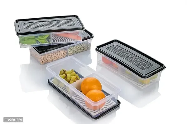 FLYFAR 4 Fridge Storage Boxes 2 Partition Fridge Organizer with Removable Drain Plate and Lid Stackable Fridge Containers Storage Containers for Fish, Meat, Vegetables, Fruits(Black, 2000ML)