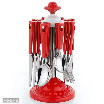 FLYFAR Red Super Cutlery Set for Dining Table with Stand-24 Piece Stainless Steel with Plastic Cutlery Set- 6 Table Spoons, 6 Tea Spoons, 6 Forks, 6 Dessert Spoons-thumb0