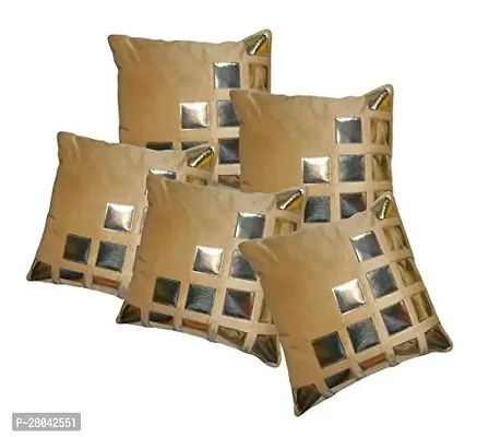 Monk Matters Gold Boxes Geometric Design Raisen Velvet Fabric Cushion Cover Size 16x16 Inches/40x40cms Fawn Color (Set of 5 Pcs)-thumb0