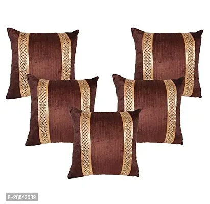 Monk Matters Decorative Striped Ethnic Quilted Velvet Fabric Cushion Cover with Lace Cut Design Size 16x16 Inches/40x40cms Brown Color (Set of 5 Pcs)-thumb0