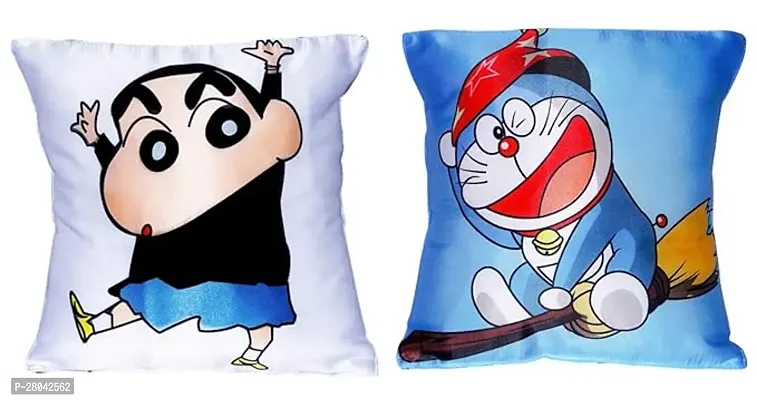 Monk Matters Micro Satin Fabric Doraemon and Shinchan Cartoon Printed Cushion Cover with Fillers (12x12 Inches, Multicolor) Pack of 2