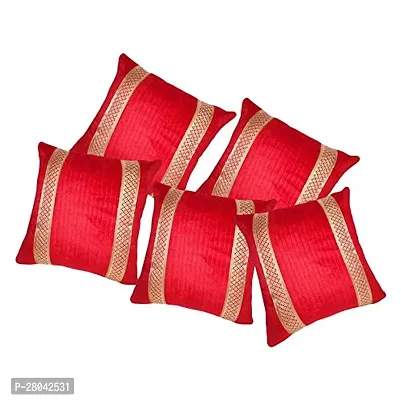 MONK MATTERS Decorative Striped Ethnic Quilted Lace Cut Raisen Velvet Fabric Cushion Cover Size 16x16 Inches/40x40cms Red Color (Set of 5 Pcs)
