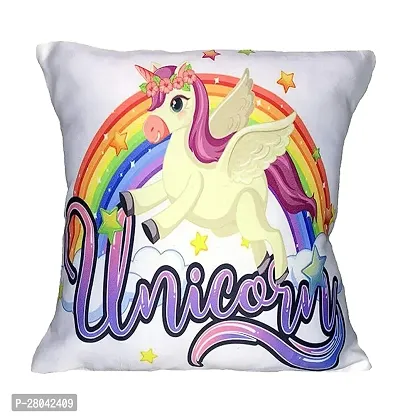 Monk Matters Micro Satin Fabric Unicorn Printed Vacuum Packed Conjugated Fiber Filler Cushion Cover with Filler (Multicolor, 12x12 Inches)