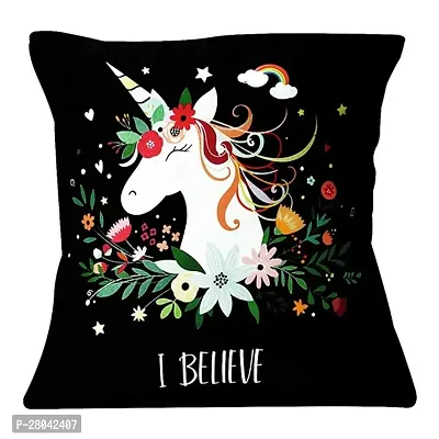 MONK MATTERS Satin I Belive Unicorn Design Cushion Cover with Fiber Fillers (12x12 Inch, Multicolour)