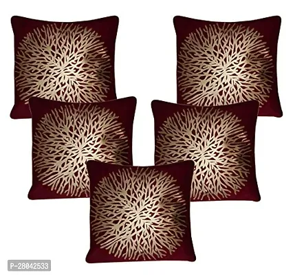 MONK MATTERS Gold Print Raisen Velvet Fabric Cushion Cover Size 16x16 Inches/40x40cms Maroon Color (Set of 5 Pcs)