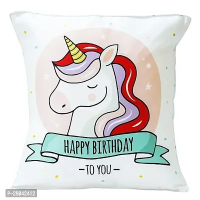 Monk Matters Microfiber Fabric Unicorn Happy Birthday Wish Printed Cushion Cover with Fillers (Multicolour, 12x12 Inches, 30x30 cm)