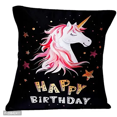MONK MATTERS Unicorn Happy Birthday Wish Printed Cushion Cover Size 12x12 Inches/30x30cms Micro Satin Fabric Ideal Gift for Girls and Kids (Multicolor)-thumb0