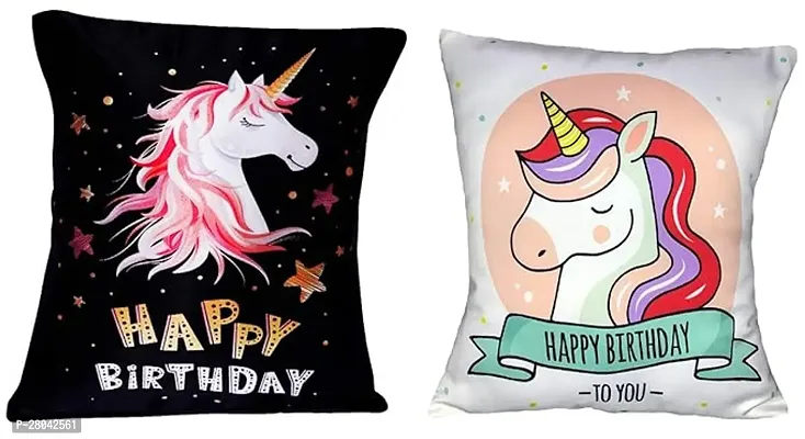 MONK MATTERS Micro Satin Fabric Unicorn Happy Birthday Wish Printed Cushion Cover with Fillers Size 12x12 Inches/30x30cms (Pack of 2 White and Black Color)