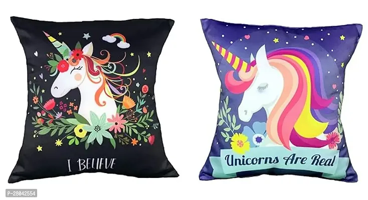 MONK MATTERS I Believe in Unicorn and Unicorn are Real Printed Cushion Cover Size 12x12 Inches/30x30cms Micro Satin Fabric (Pack of 2 Cushion Covers with fillers) Multi Color