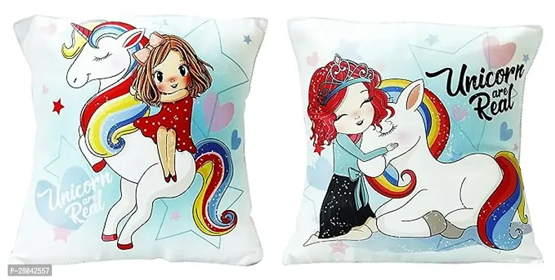 MONK MATTERS Girl Siting on Unicorn and Unicorn are Real Cushion Cover Size 12x12 Inches/30x30cms Micro Satin Fabric (Pack of 2 Cushion Covers with fillers) Multi Color