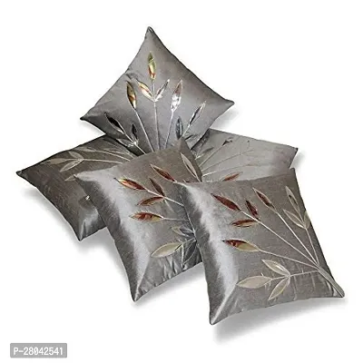 MONK MATTERS Silver Tree Leaves Design Dupion Silk Cushion Cover Size 16x16 Inches/40x40cms Grey Color (Set of 5 Pieces)