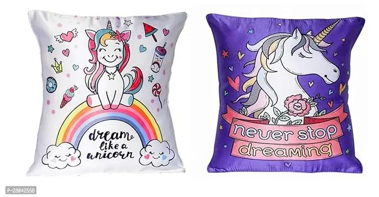 Monk Matters Micro Satin Fabric Dream Like a Unicorn Printed Cushion Cover with Fillers Size 12x12 Inches/30x30cms (Pack of 2 White and Purple Color)